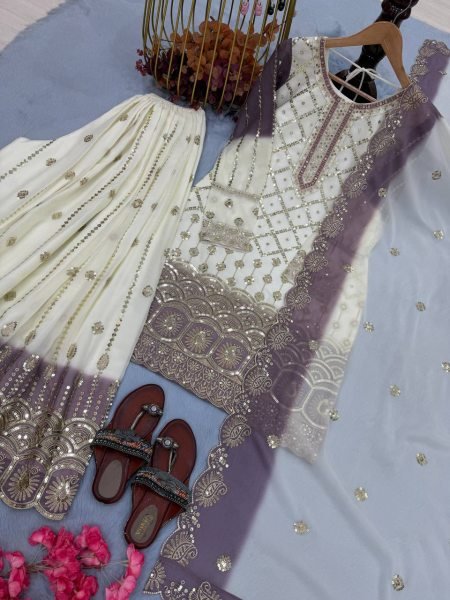 Designer Party Wear Dual Tone Georgette Top Palazzo Dupatta Set for Women Ready To Wear Collection