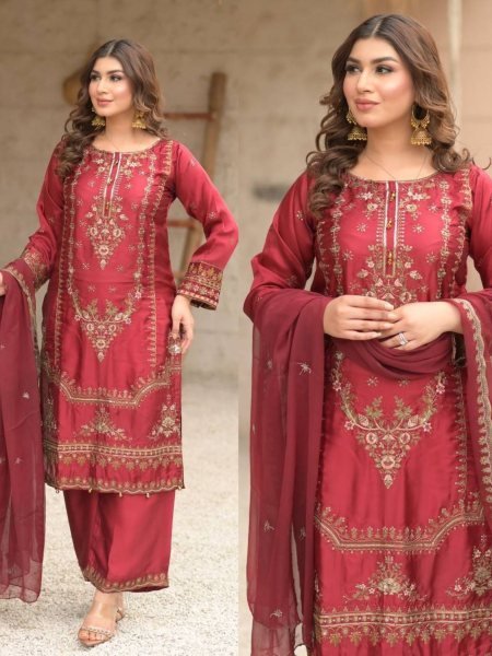 Designer Party Wear Look Organza Pure Pakistani Suit with Pant and Dupatta Ready To Wear Collection