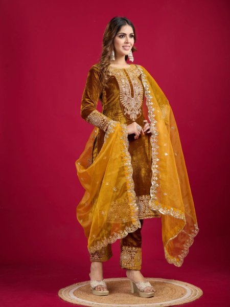Designer Party Wear Viscos Velvet Yellow   Suit Set With Heavy Embroidery Work   Ready To Wear Collection