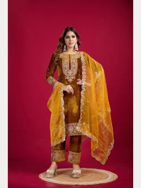 Designer Party Wear Viscos Velvet Yellow   Suit Set With Heavy Embroidery Work   Ready To Wear Collection
