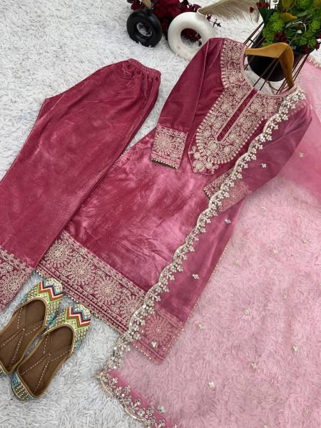 Designer Party Wear Viscos Velvet Pink  Suit Set With Heavy Embroidery Work   Ready To Wear Collection