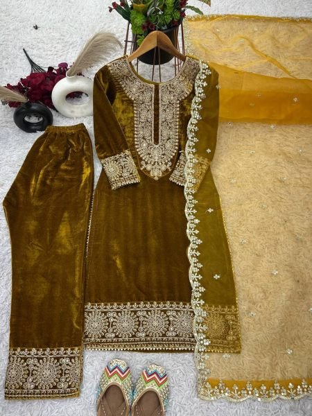 Designer Party Wear Viscos Velvet Yellow   Suit Set With Heavy Embroidery Work   Ready To Wear Collection