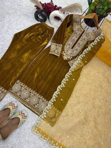 Designer Party Wear Viscos Velvet Yellow   Suit Set With Heavy Embroidery Work   Ready To Wear Collection