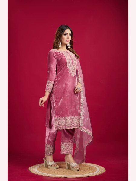 Designer Party Wear Viscos Velvet Pink  Suit Set With Heavy Embroidery Work   Ready To Wear Collection