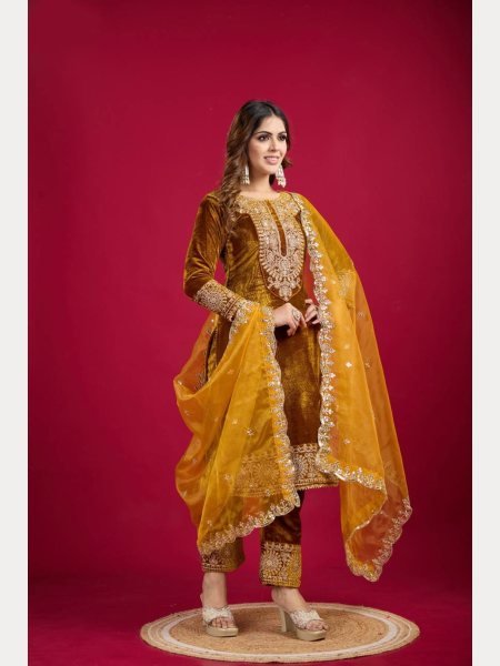 Designer Party Wear Viscos Velvet Yellow   Suit Set With Heavy Embroidery Work   Ready To Wear Collection