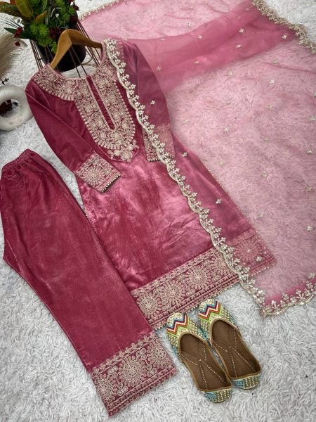 Designer Party Wear Viscos Velvet Pink  Suit Set With Heavy Embroidery Work   Ready To Wear Collection