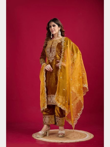 Designer Party Wear Viscos Velvet Yellow   Suit Set With Heavy Embroidery Work   Ready To Wear Collection