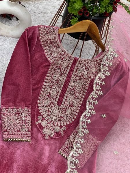 Designer Party Wear Viscos Velvet Pink  Suit Set With Heavy Embroidery Work   Ready To Wear Collection