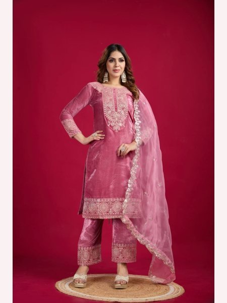 Designer Party Wear Viscos Velvet Pink  Suit Set With Heavy Embroidery Work   Ready To Wear Collection