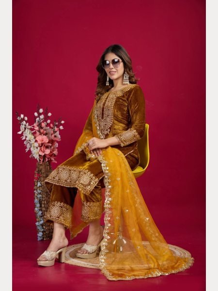 Designer Party Wear Viscos Velvet Yellow   Suit Set With Heavy Embroidery Work   Ready To Wear Collection