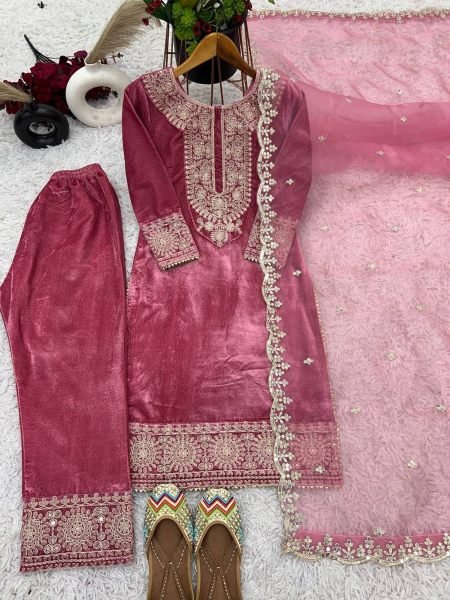 Designer Party Wear Viscos Velvet Pink  Suit Set With Heavy Embroidery Work   Ready To Wear Collection