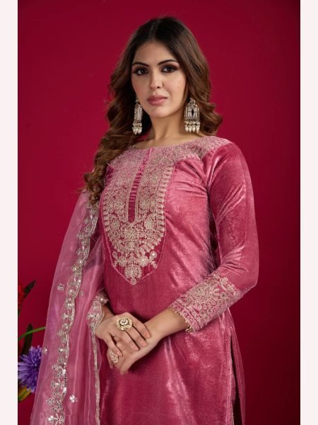 Designer Party Wear Viscos Velvet Pink  Suit Set With Heavy Embroidery Work   Ready To Wear Collection