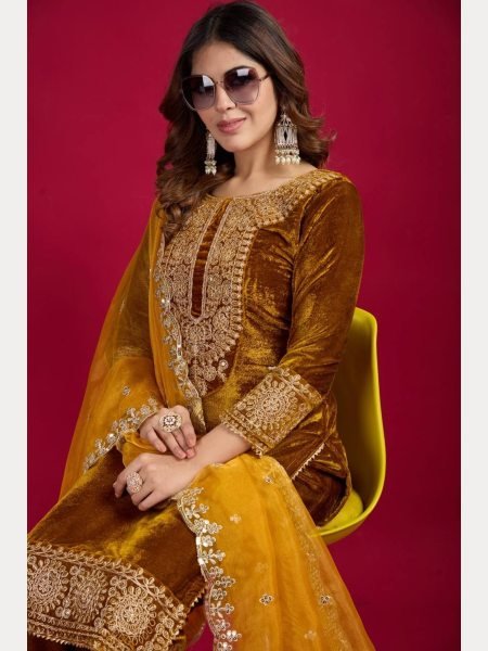 Designer Party Wear Viscos Velvet Yellow   Suit Set With Heavy Embroidery Work   Ready To Wear Collection