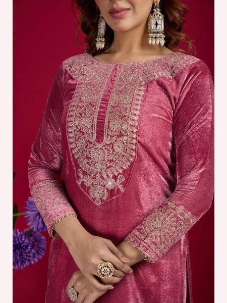 Designer Party Wear Viscos Velvet Pink  Suit Set With Heavy Embroidery Work   Ready To Wear Collection