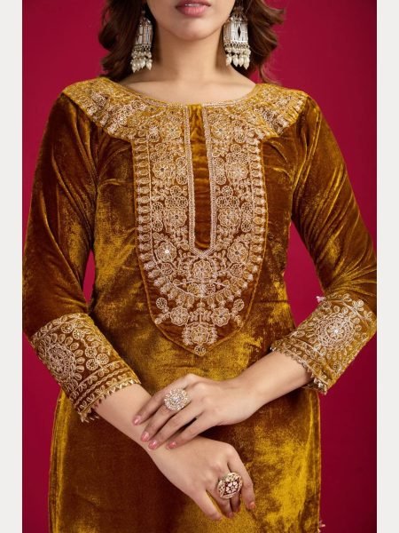 Designer Party Wear Viscos Velvet Yellow   Suit Set With Heavy Embroidery Work   Ready To Wear Collection