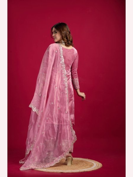 Designer Party Wear Viscos Velvet Pink  Suit Set With Heavy Embroidery Work   Ready To Wear Collection