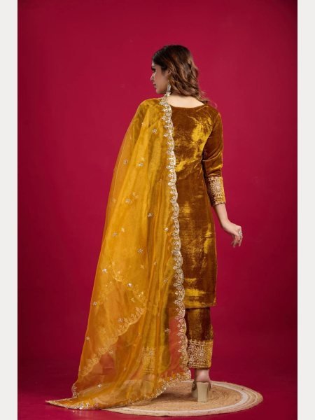 Designer Party Wear Viscos Velvet Yellow   Suit Set With Heavy Embroidery Work   Ready To Wear Collection