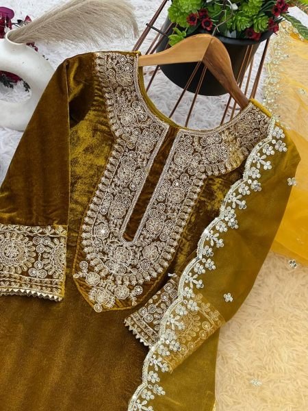 Designer Party Wear Viscos Velvet Yellow   Suit Set With Heavy Embroidery Work   Ready To Wear Collection