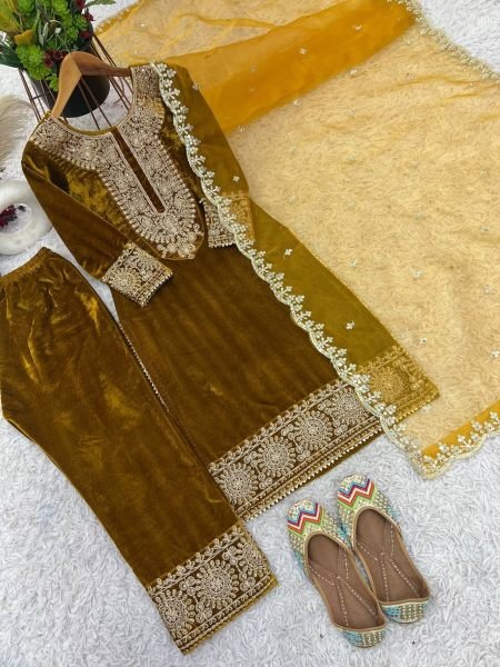Designer Party Wear Viscos Velvet Yellow   Suit Set With Heavy Embroidery Work   Ready To Wear Collection
