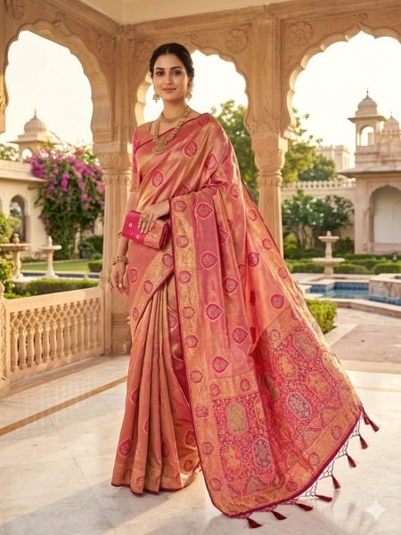 Designer Peach Champagne Gold Saree with Tassel Detailing For Wedding  Sarees 