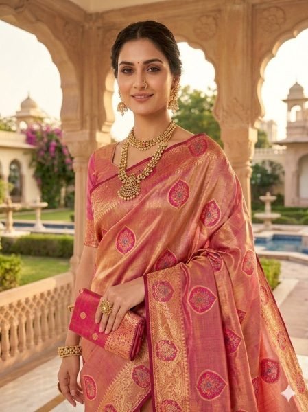 Designer Peach Champagne Gold Saree with Tassel Detailing For Wedding  Printed Cotton Sarees Wholesale