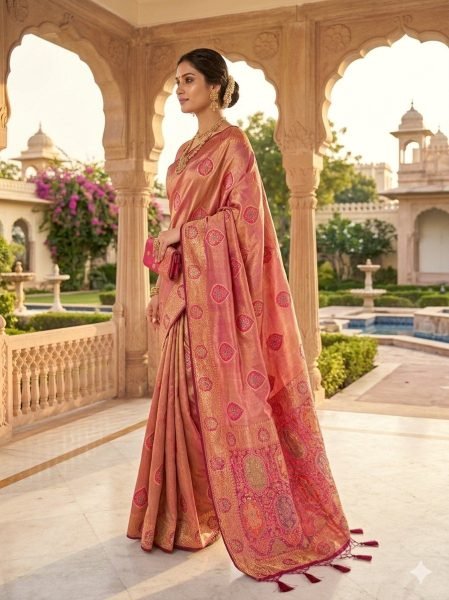 Designer Peach Champagne Gold Saree with Tassel Detailing For Wedding  Printed Cotton Sarees Wholesale