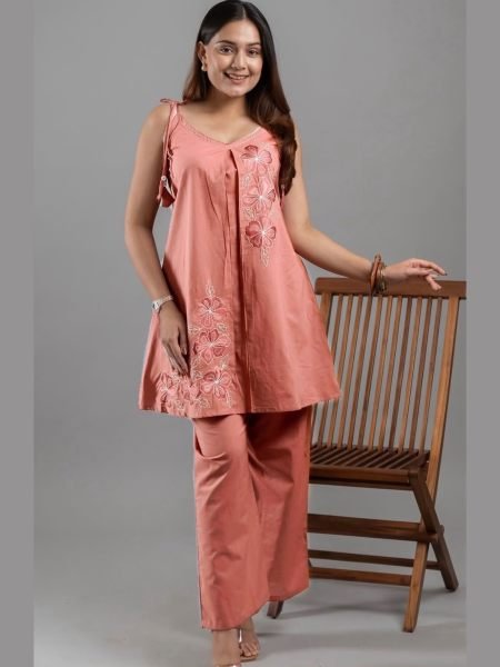 Designer Peach Roman Silk Kurta Pant Set with Floral Embroidery at Wholesale 