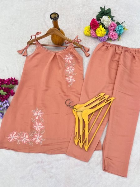 Designer Peach Roman Silk Kurta Pant Set with Floral Embroidery at Wholesale CO ORD Sets