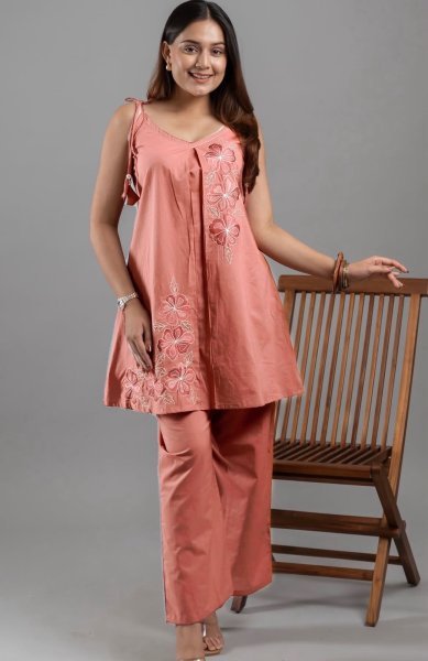 Designer Peach Roman Silk Kurta Pant Set with Floral Embroidery at Wholesale CO ORD Sets