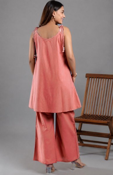 Designer Peach Roman Silk Kurta Pant Set with Floral Embroidery at Wholesale CO ORD Sets