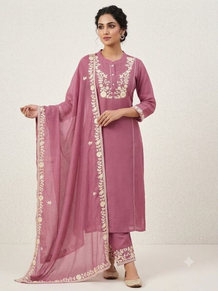 Designer Pink Chanderi Silk Kurti Set With Handwork On Neck Design Kurtis