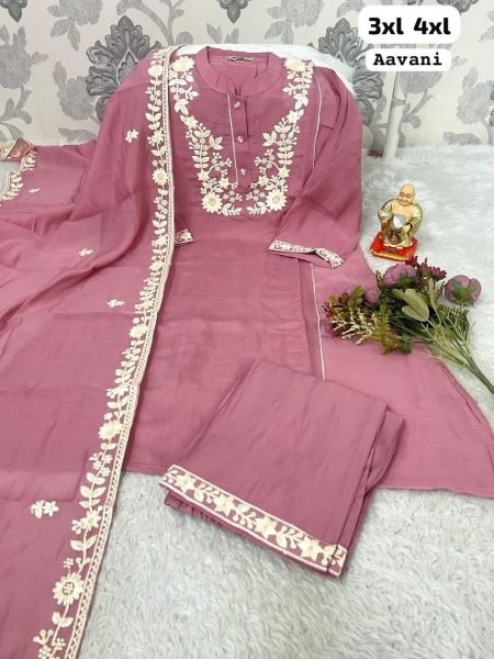 Designer Pink Chanderi Silk Kurti Set With Handwork On Neck Design Embroidery Kurtis 