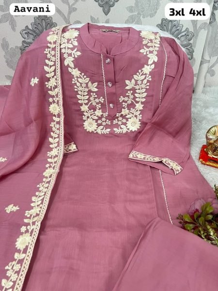 Designer Pink Chanderi Silk Kurti Set With Handwork On Neck Design Embroidery Kurtis 