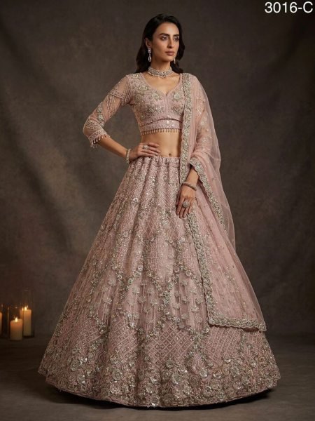 Designer Pink Net Lehenga with Heavy Embroidery for Reception Wear  Lehenga