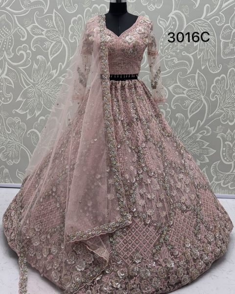 Designer Pink Net Lehenga with Heavy Embroidery for Reception Wear Bridal Lehenga Choli