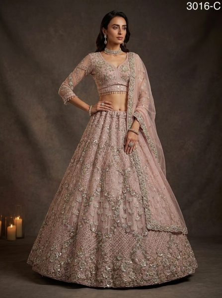 Designer Pink Net Lehenga with Heavy Embroidery for Reception Wear Bridal Lehenga Choli
