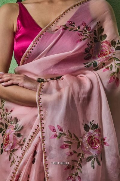 Designer Pink Summer Saree with Sparrow Print and Handwork Border Printed Cotton Sarees Wholesale