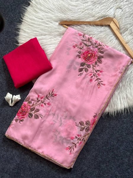 Designer Pink Summer Saree with Sparrow Print and Handwork Border Printed Cotton Sarees Wholesale