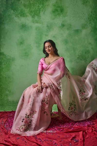 Designer Pink Summer Saree with Sparrow Print and Handwork Border Printed Cotton Sarees Wholesale