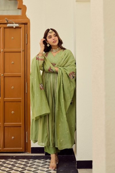 Designer Pista Green Chanderi Kurti Pant Suit Set with Elegant Embroidery Work and Chanderi Dupatta for Resellers Anarkali Kurtis 