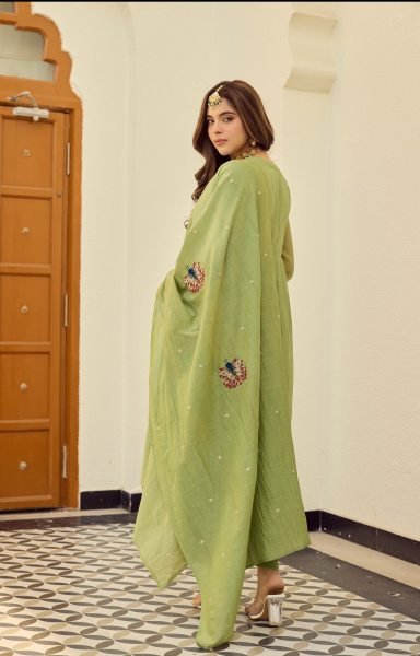Designer Pista Green Chanderi Kurti Pant Suit Set with Elegant Embroidery Work and Chanderi Dupatta for Resellers Anarkali Kurtis 