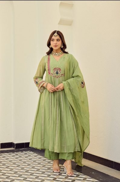 Designer Pista Green Chanderi Kurti Pant Suit Set with Elegant Embroidery Work and Chanderi Dupatta for Resellers Anarkali Kurtis 