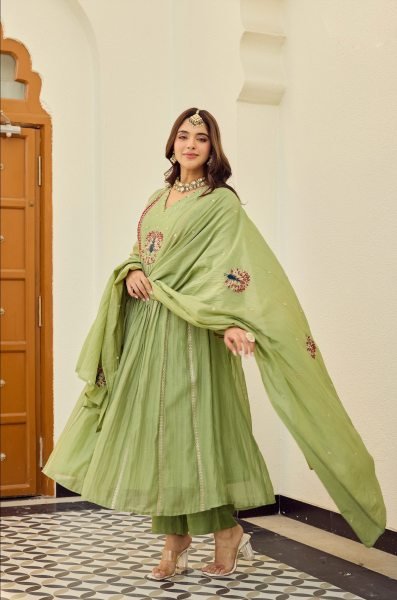 Designer Pista Green Chanderi Kurti Pant Suit Set with Elegant Embroidery Work and Chanderi Dupatta for Resellers Anarkali Kurtis 
