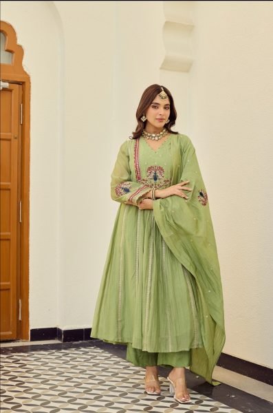 Designer Pista Green Chanderi Kurti Pant Suit Set with Elegant Embroidery Work and Chanderi Dupatta for Resellers Anarkali Kurtis 
