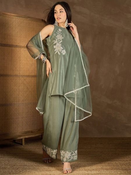 Designer Pista Green Kurti Palazzo Dupatta Set with Embroidery Work For Festival 