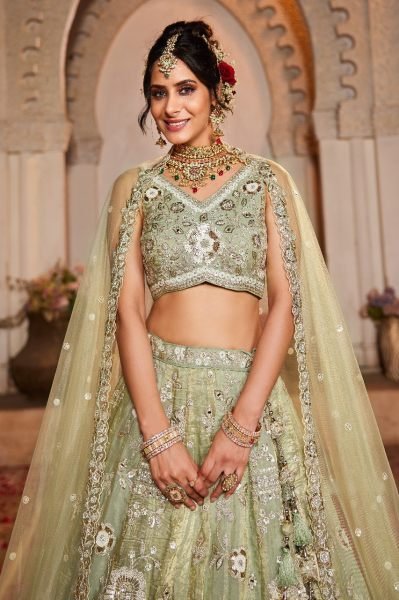 Designer Pista Green Lehenga Choli with Heavy Embroidery   Cut Work Border Wholesale Supplier Surat Bridal Lehenga Choli