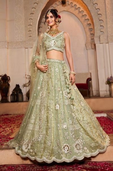 Designer Pista Green Lehenga Choli with Heavy Embroidery   Cut Work Border Wholesale Supplier Surat Bridal Lehenga Choli