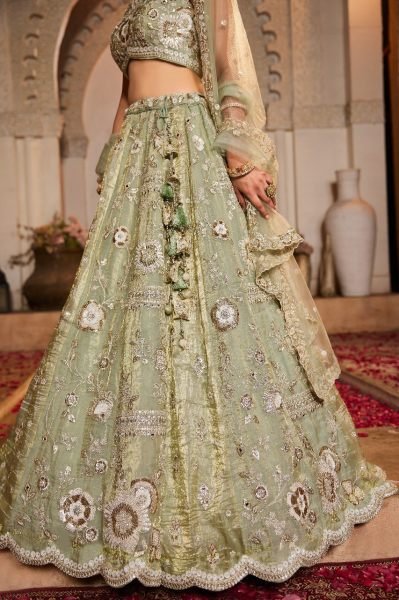 Designer Pista Green Lehenga Choli with Heavy Embroidery   Cut Work Border Wholesale Supplier Surat Bridal Lehenga Choli