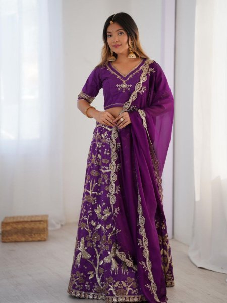 Designer Purple Heavy Thai Silk Lehenga Set with Embellished Blouse    Malai Silk Dupatta Wholesale Price  Lehenga