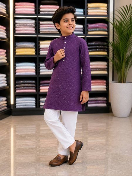 Designer Purple Kids Boys Silk Kurta with Full Stitched Cotton Pyjama at Manufacturer Rate Boys Wear